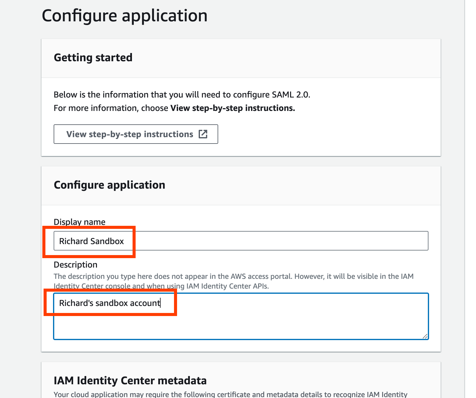 IAM Identiy Center > Applications > Configure application