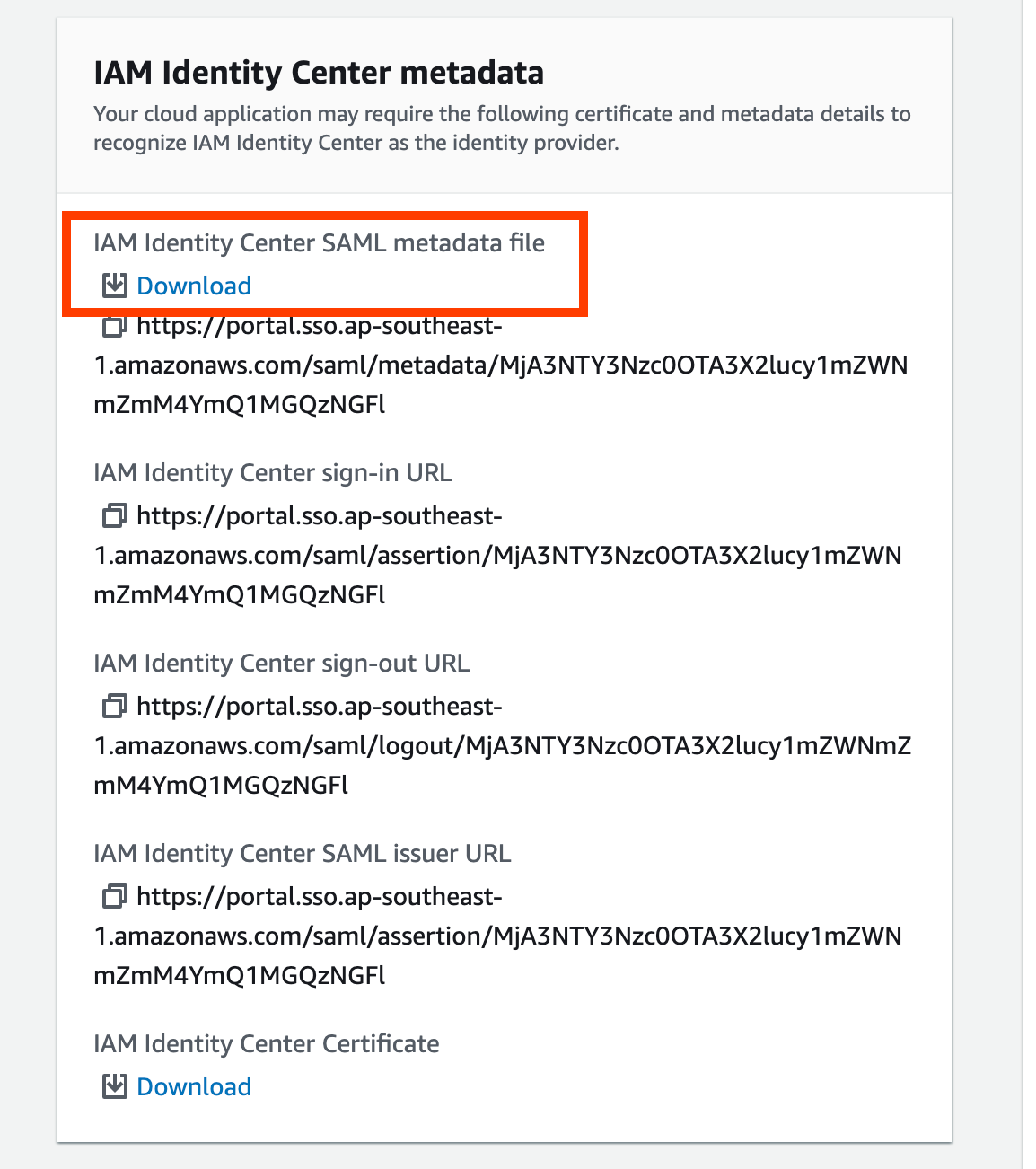 IAM Identiy Center > Applications > Configure application > Download metadata file