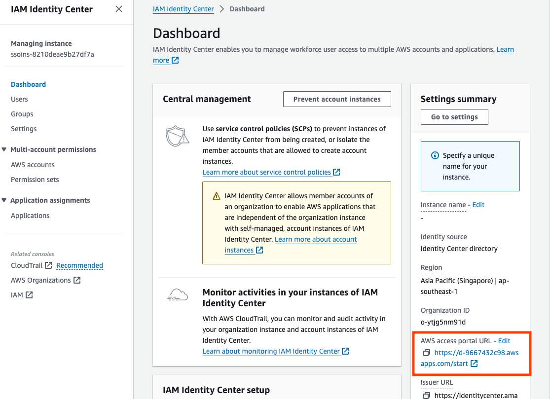 AWS IAM Identity Center > AWS Access Portal URL