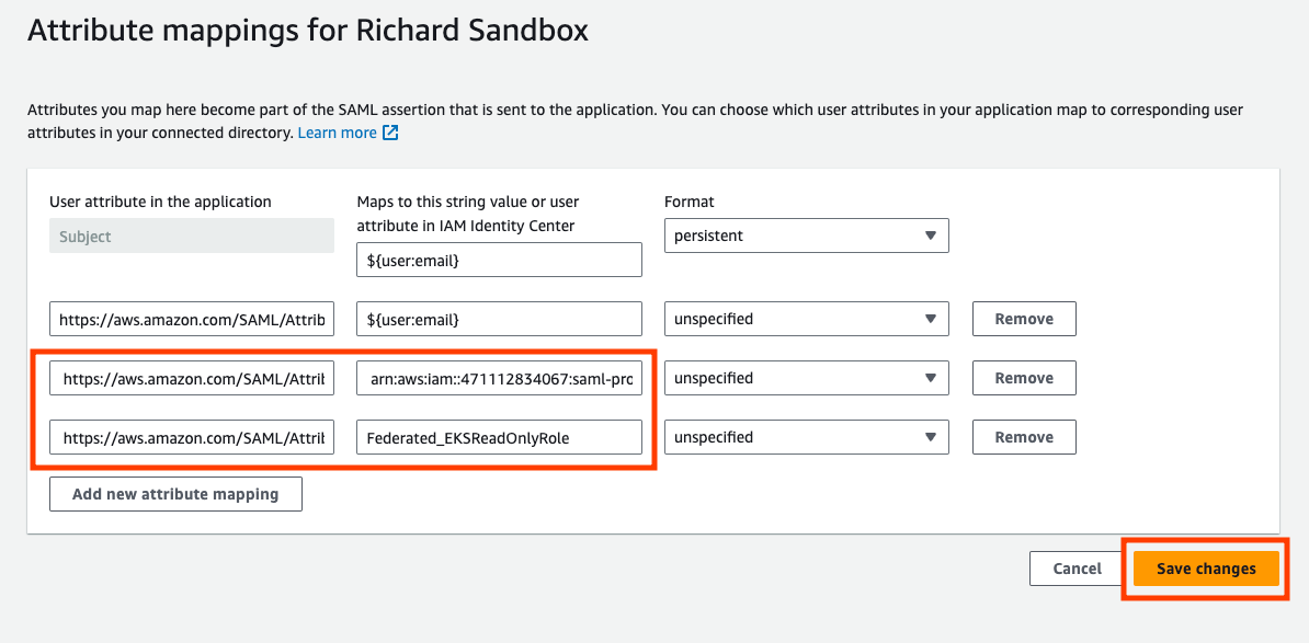 AWS IAM Identity Center > Application > Add attribute mappings