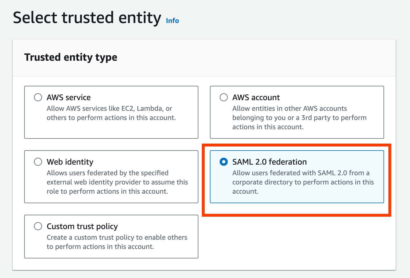 Create new role with SAML 2.0 Federation