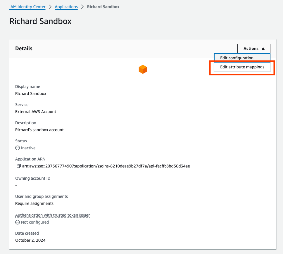 AWS IAM Identity Center > Application > Edit attribute mappings