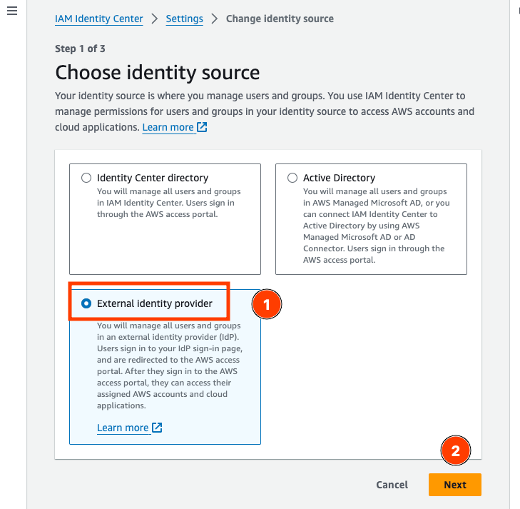 AWS IAM Identity Console > Change Identity Source > External identity provider