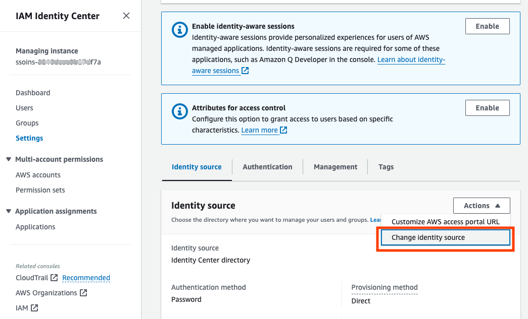 AWS IAM Identity Console > Change Identity Source