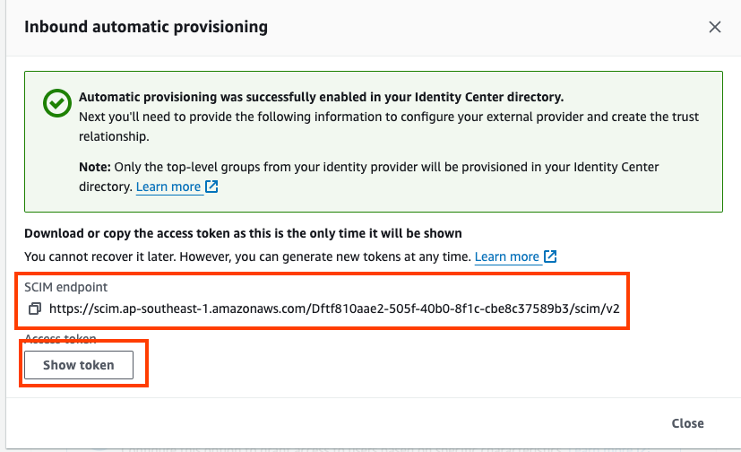 AWS IAM Identity Center > Inbound Automatic Provisioning