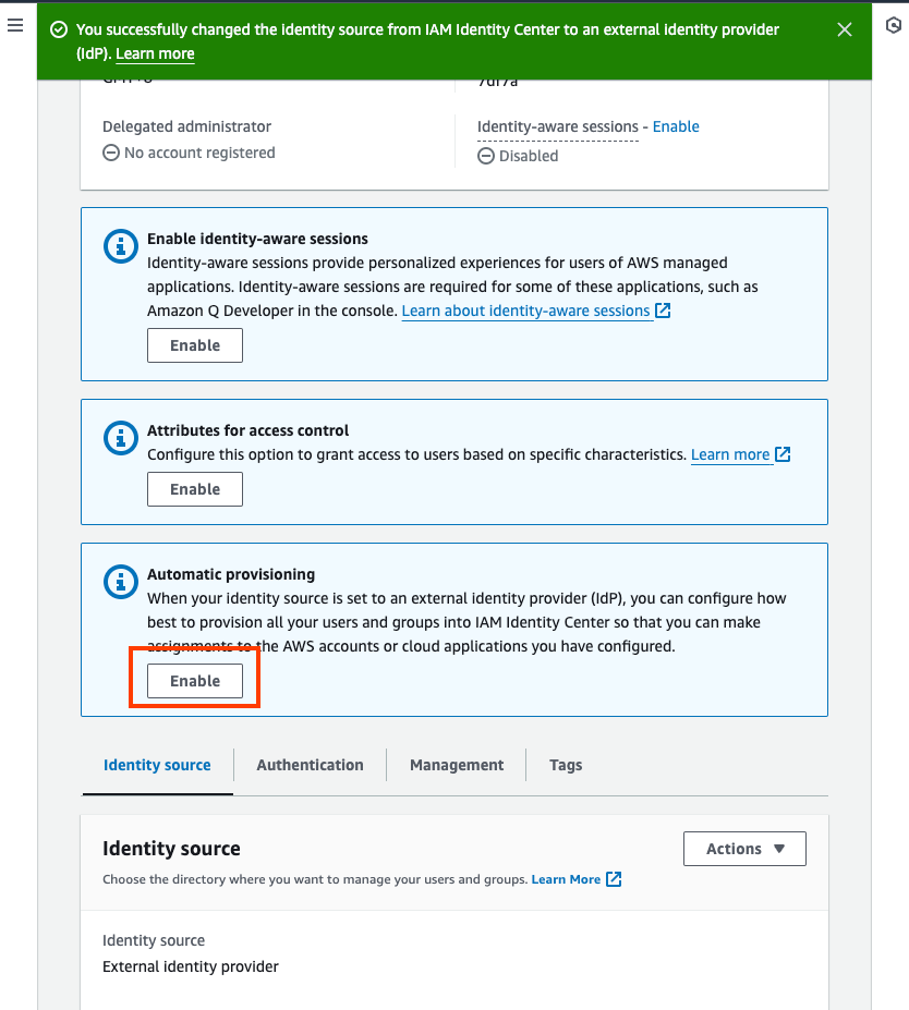 AWS IAM Identity Center > Enable Automatic Provisioning