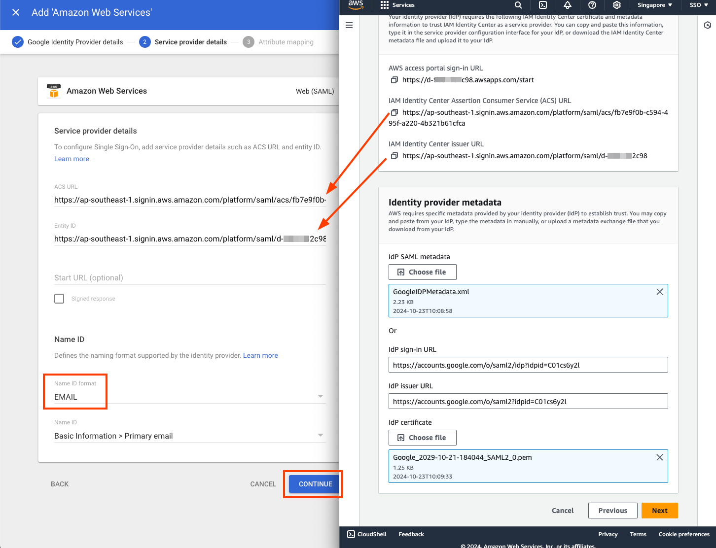 Google Admin > configure identity provider details > update with values from AWS