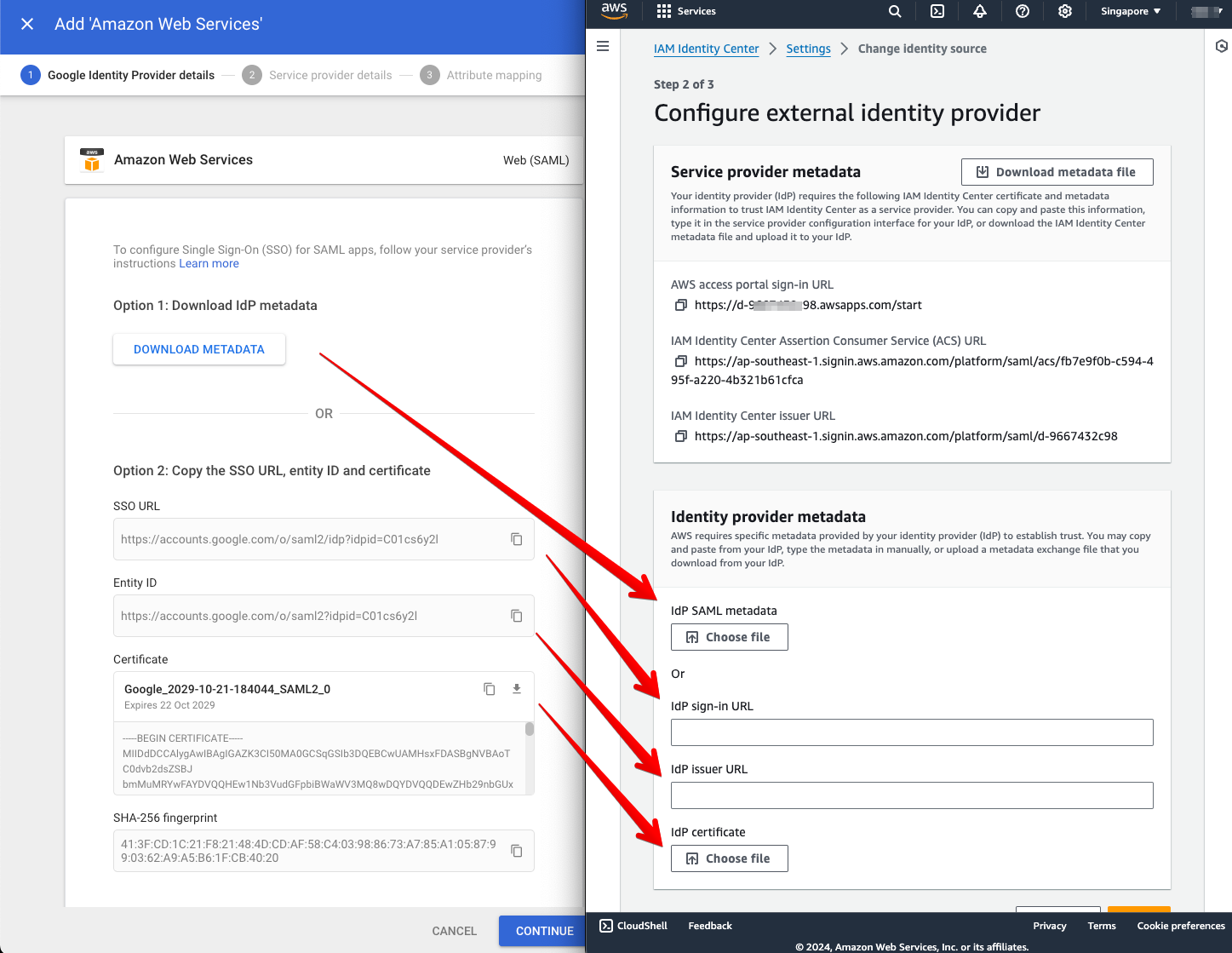 AWS IAM Identity Console > Update with values from Google Admin