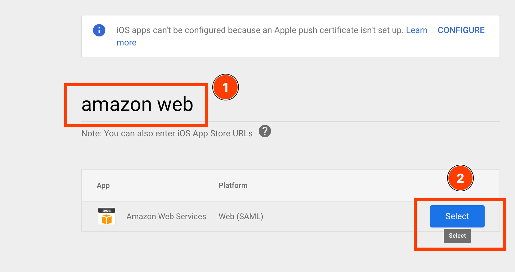 Google Admin > Web and Mobile Apps > Search for apps > amazon web