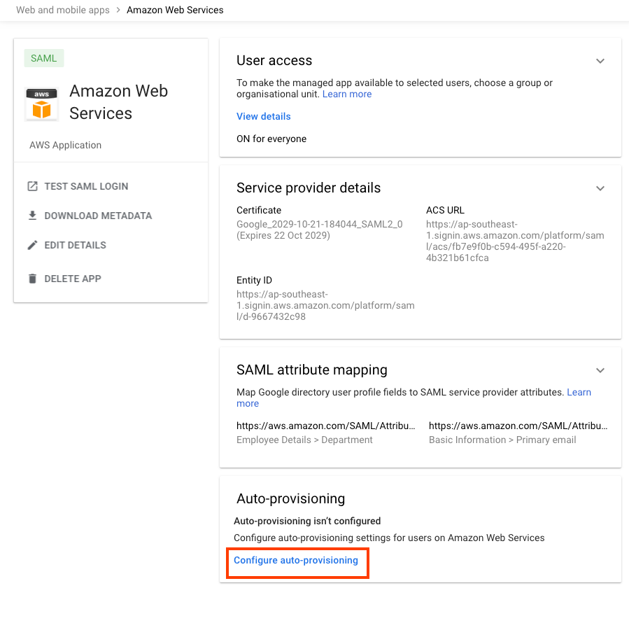 Google Admin > Web and Mobile Apps > amazon web > configure auto-provisioning