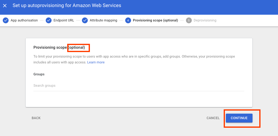 Google Admin > Web and Mobile Apps > skip provisioning scope