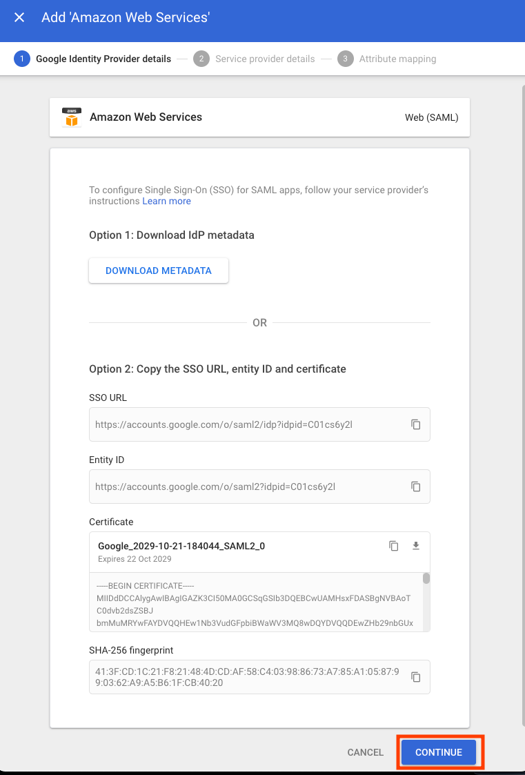 Google Admin > configure identity provider details