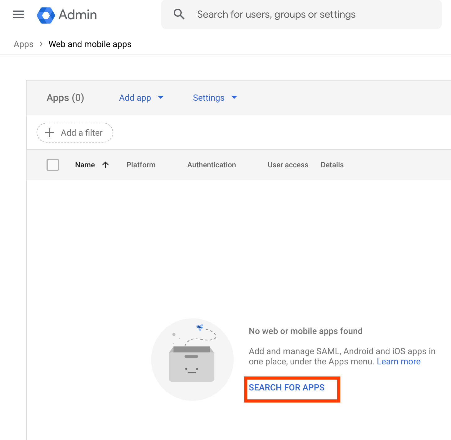 Google Admin > Web and Mobile Apps > Search for apps