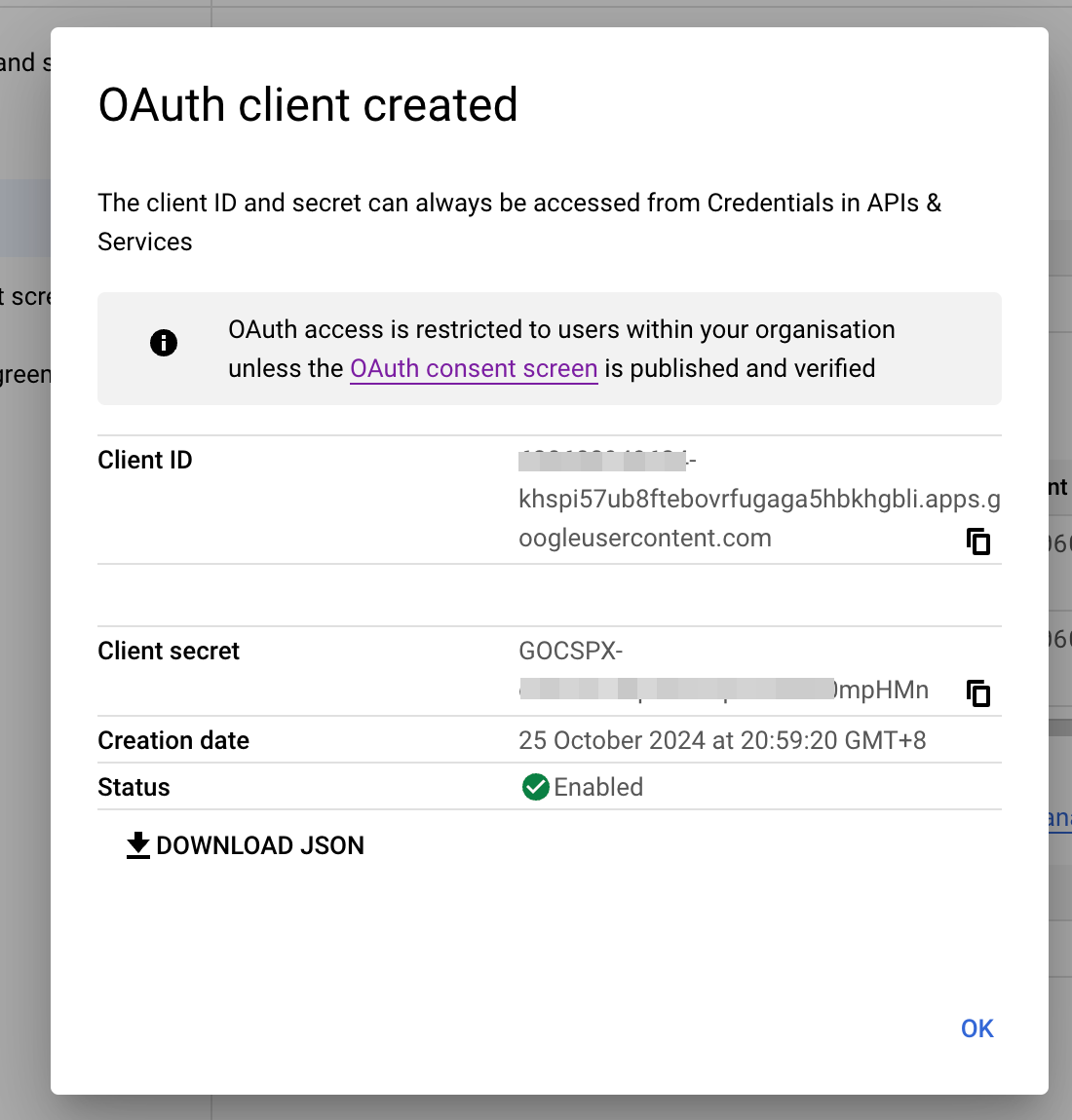 GCP console > OAuth Client Created