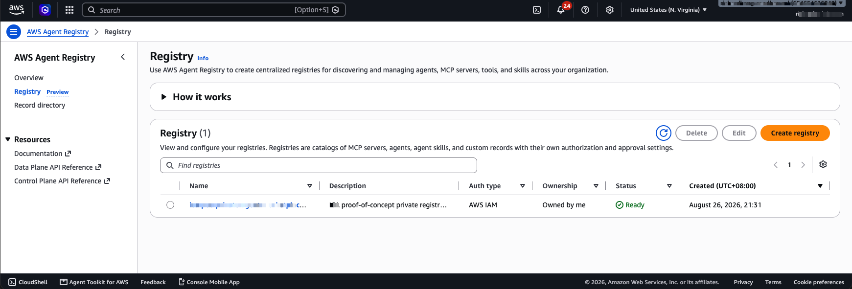 AWS Agent Registry console showing one registry ("ica-poc-private-agent-marketplace...") with status Ready, owned by me, created August 26, 2026.